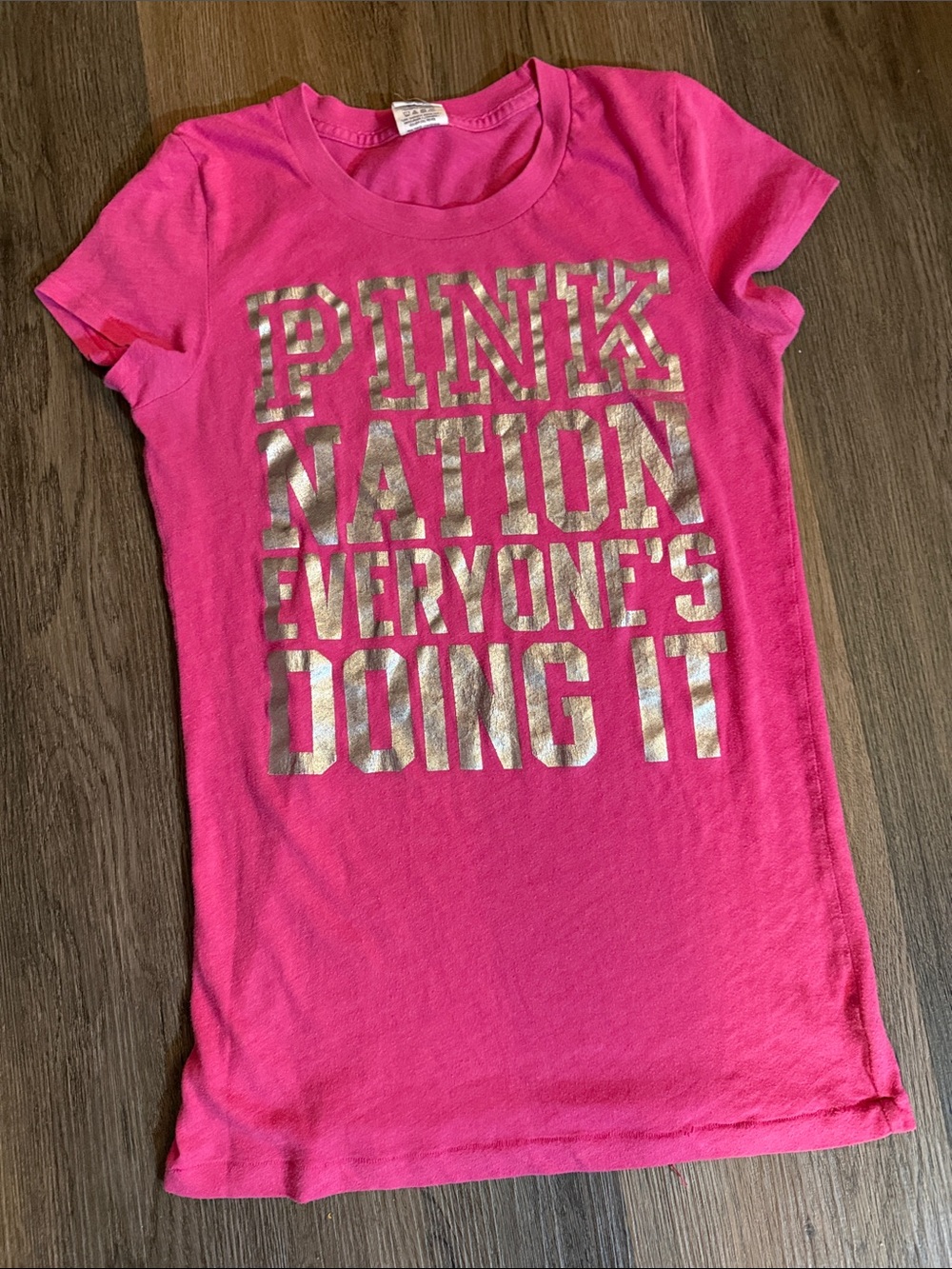 PINK Victoria's Secret Hot Pink Short Sleeve Graphic Tee with Gold Lettering